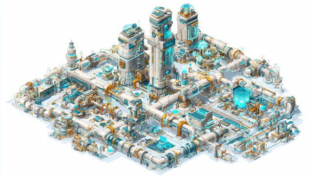 Futuristic industrial complex with tall buildings pipes and machinery in vibrant blue and white colors