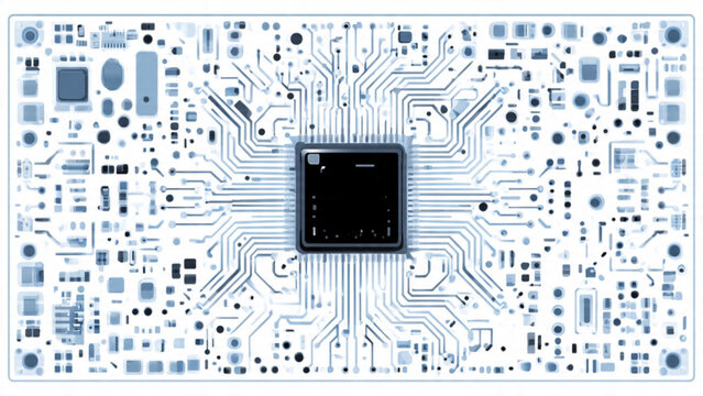 Close-up of a computer microchip with circuit pathways on blue background digital technology
