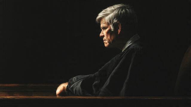 Thoughtful elderly man with gray hair sitting in contemplative mood in dimly lit environment