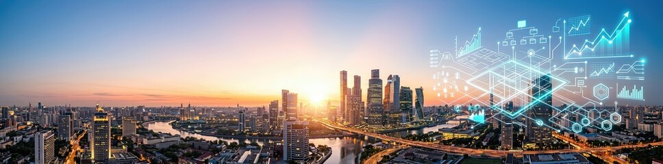 Fototapeta premium Breathtaking sunset illuminating a contemporary city skyline featuring financial graphs and data visuals that symbolize growth innovation and technological advancement