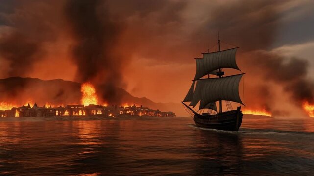Viking ship sailing past a burning coastal town at dusk