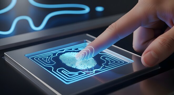 Closeup of a finger being scanned on a futuristic biometric fingerprint reader for secure access