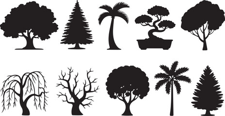 Black and white vector illustration of different tree types © Ranaart