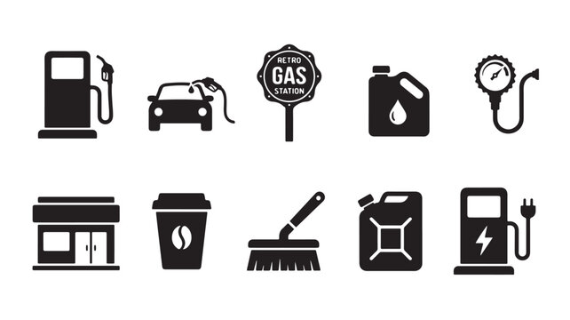 Black icons of gas station and car service elements, 10 symbols, vector graphics