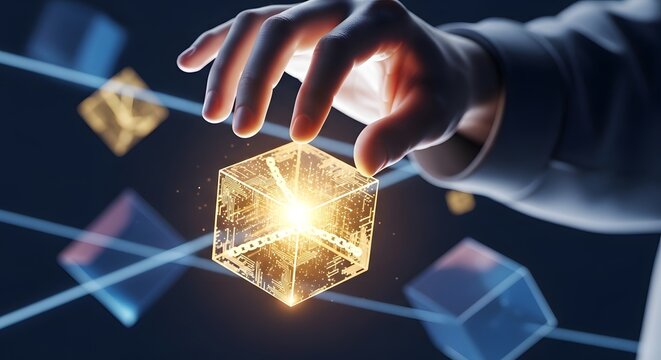 Hand interacting with a glowing golden blockchain cube, surrounded by digital blocks and network lines