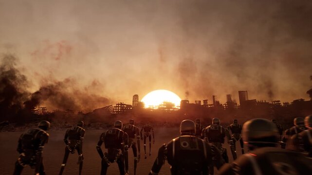 Epic wide shot of massive robot army marching towards ruined city at sunset, 3D animation
