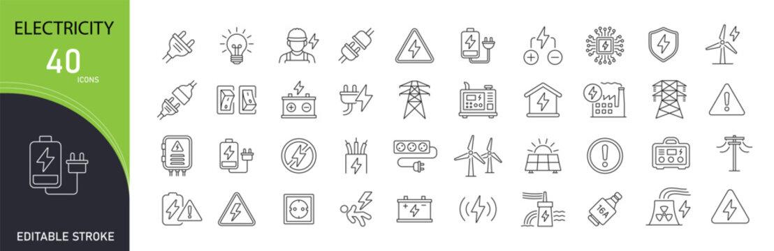Electricity icons set representing power generation, energy supply, electrical systems, voltage, circuits, charging, lighting and industrial electric infrastructure. Editable Stroke.