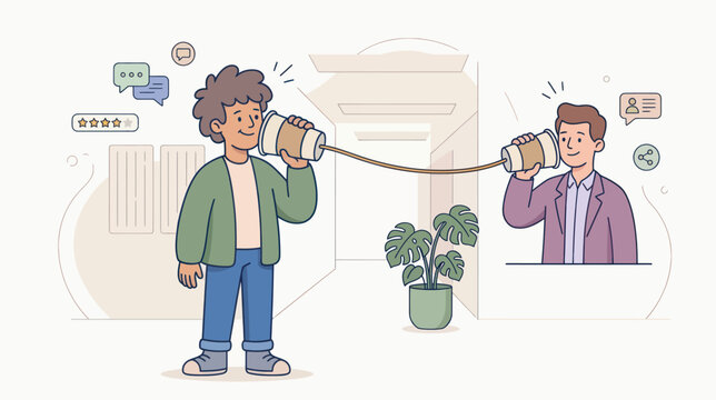 Two men communicate with tin can phones while sharing feedback and social connection