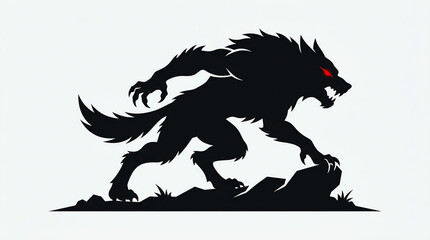 Fototapeta premium Werewolf Monster Silhouette Standing Side View with Fierce Red Eyes