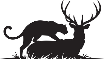 Black silhouette cheetah hunting deer in grass © Ranaart