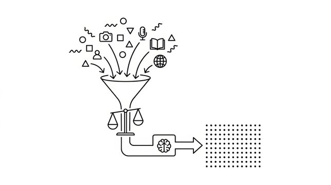 A funnel with data sources at the top, scales representing ethics, and an output leading to a neural network.