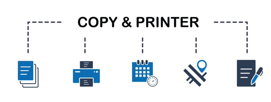 Copy and printer banner icons set includes printer, scanner, copy machine and  paper. Solid icons.