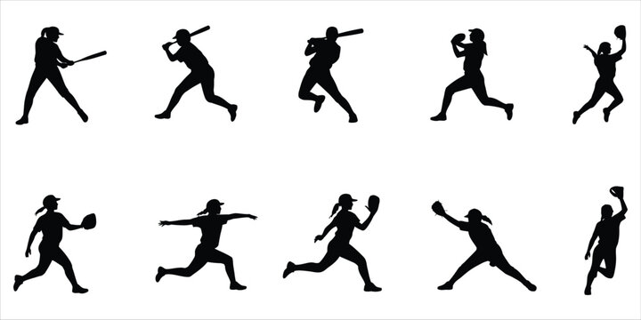 Softball players in silhouette, pitching, batting, and fielding on white background baseball woman