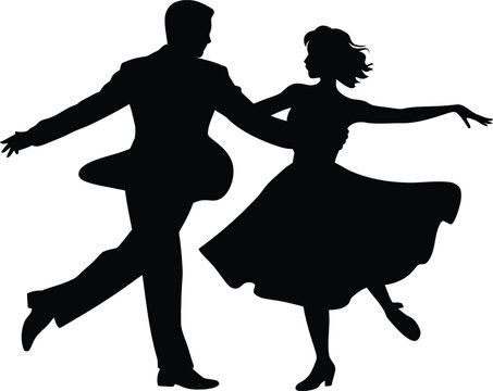 Silhouette of a Couple Dancing the Jitterbug or Swing Dance on White Background Keywords: couple, dancing, silhouette, man, woman, swing