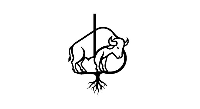 Black and white buffalo logo with roots and pole.