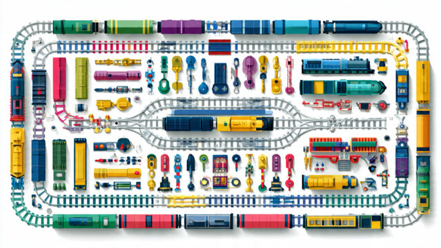 Colorful toy train set with tracks and vehicles for children entertainment and playtime
