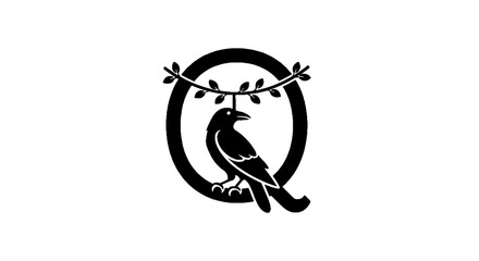 Naklejka premium Black bird perched on circular branch design.
