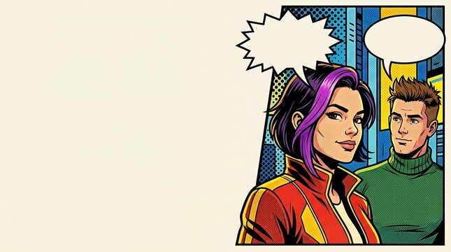 Retro comic book illustration of a man and woman with copy space
