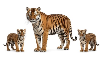 Obraz premium A majestic tiger standing with two adorable tiger cubs on a clean white background.