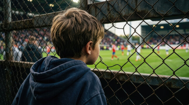 A young boy in a dark blue hoodie looks intently through a rusty chain-link fence at a soccer match in progress on a green field.