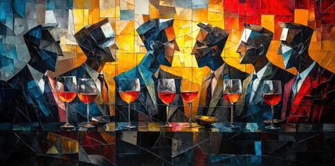 Fototapeta premium Artistic depiction of a party in cubist style with vibrant colors and dynamic shapes