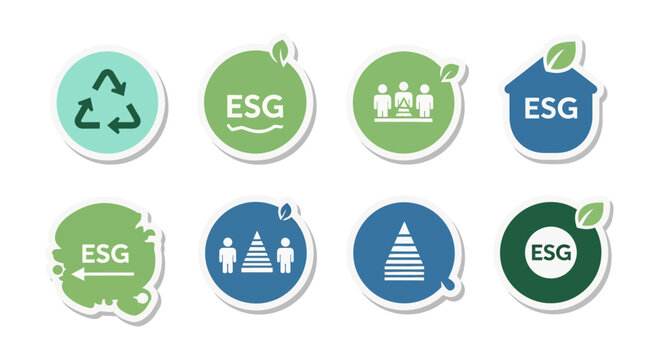 A comprehensive set of ESG (Environmental, Social, and Governance) icons, illustrating sustainability, corporate responsibility, and ethical business practices.
