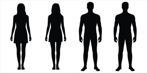 Four Black Silhouettes of Two Women and Two Men Standing on White Background Keywords: silhouette, people, man, woman, male, female, human © ripon29