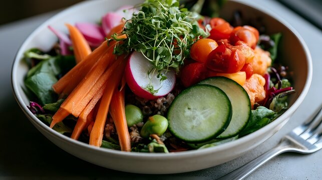 A beautifully lit grain bowl filled with mixed fresh produce offers a vibrant and revitalizing view of healthy eating
