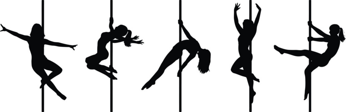 Five Silhouettes of Women Performing Pole Dancing Poses on White Background Keywords: pole dancing, silhouette, woman, female, dancer