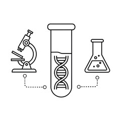 Scientific laboratory equipment icons in thin line style, microscope and DNA test tube with chemical flask, biotechnology research and genetic engineering vector illustrations © Kazi Studio