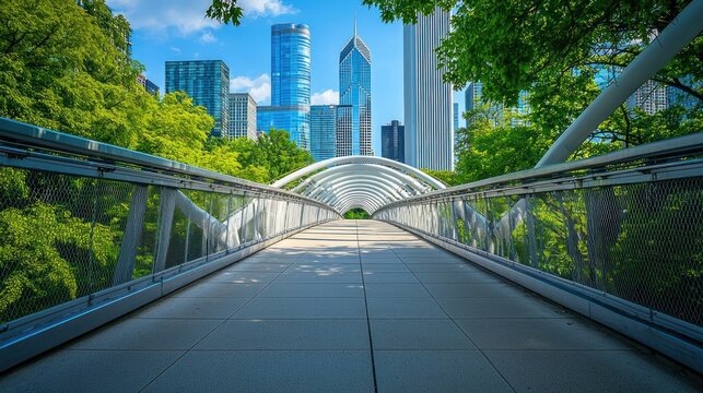 Modern cityscape bridge with lush greenery