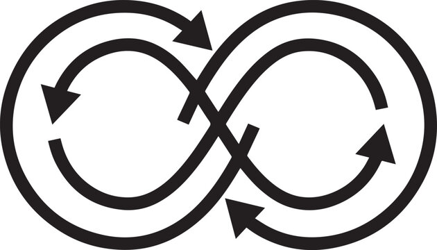 Infinity loop with arrows in black vector illustration showing continuous cycle and endless process