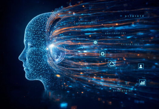 Abstract digital AI head with data streams, human head with binary code background