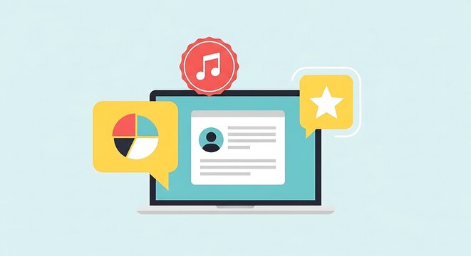 A colorful illustration of a laptop with music and graph and documents on a blue background