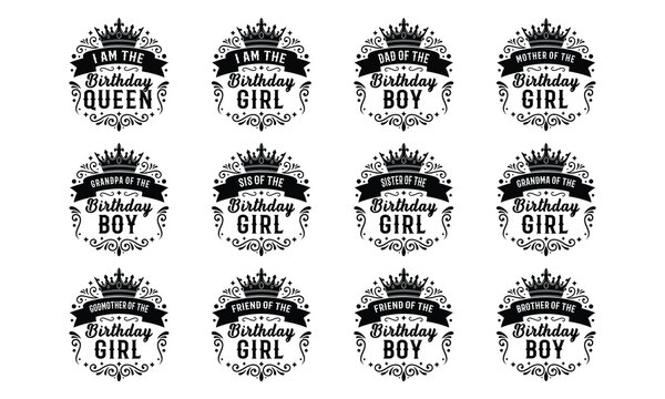 Collection of black birthday labels with crowns and ribbons, Set of 12 black birthday labels with crowns, ribbons and decorative swirls on white background, for family and friends