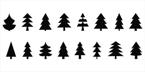 Obraz premium Collection of stylized black silhouette evergreen trees in two rows Keywords: trees, evergreen trees, pine trees, fir trees, silhouette