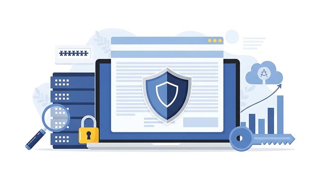 A graphic illustration of a laptop with a shield on its screen, surrounded by server, lock, magnifying glass, and bar chart, representing online security and data protection.