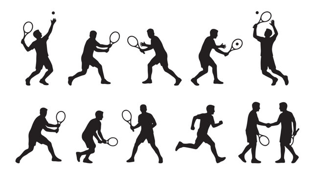 Tennis player silhouettes, black vector icons, athletic poses, sports illustrations, racket actions