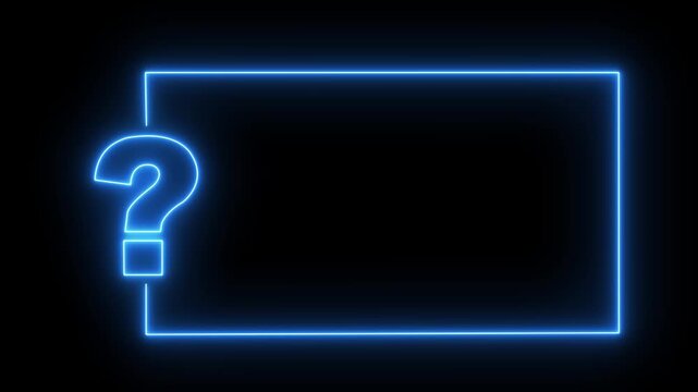 Question mark neon sign light on black background. Quiz trivia game competition. blue neon question mark frame for quizzes and FAQs. Game announcement neon message. Answer question, Examination test