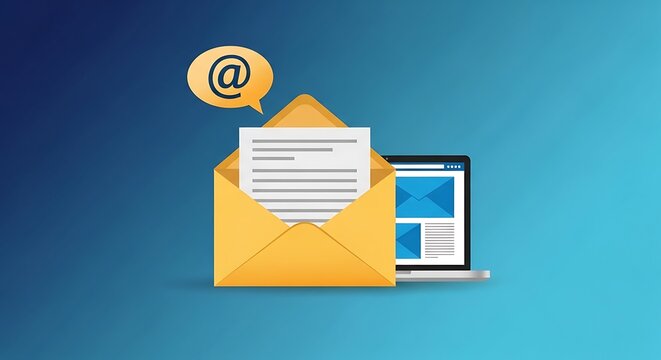 A laptop displays an email on a screen next to an open yellow envelope with a letter and an @ symbol.