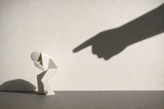 Flinching away, a paper figure recoiling from a large pointing shadow