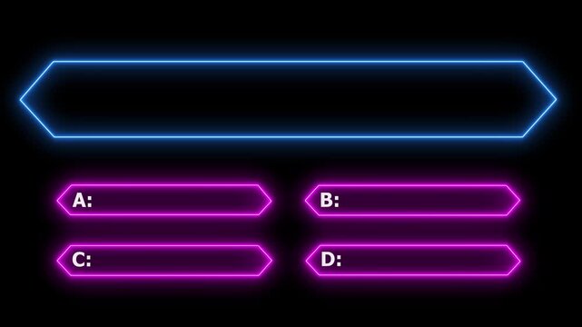 Quiz game animation design with bright neon line effect and multiple choice selection on black screen.