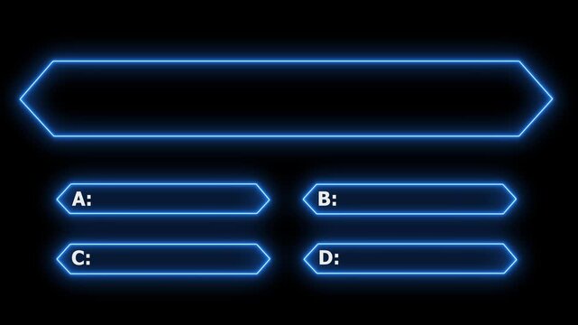 Quiz neon line animation template with multiple choice option selection and black background, interactive challenge game design.