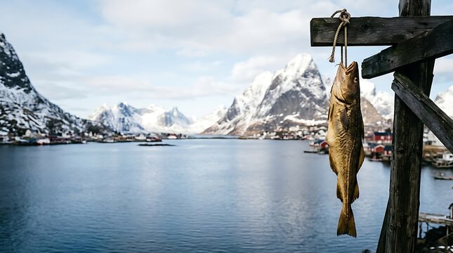 Traditional stockfish hanging to dry with scenic arctic mountains