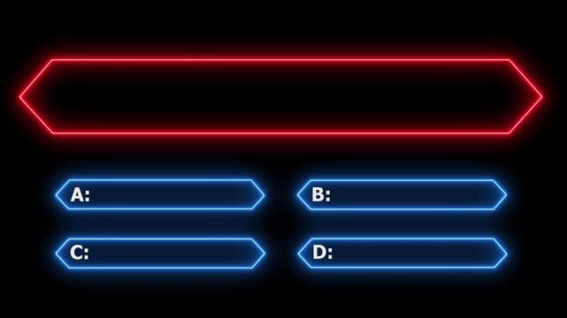 Quiz game animation design with bright neon line effect and multiple choice selection on black screen.