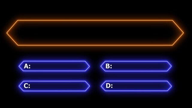 Interactive quiz neon line animation with multiple choice options on black background for challenge game template.