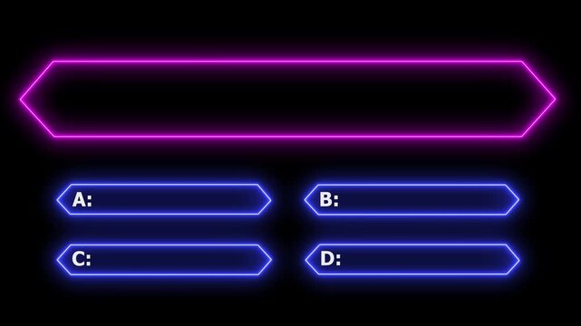 Quiz game animation design with bright neon line effect and multiple choice selection on black screen.