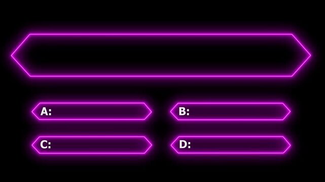 Quiz neon line animation template with multiple choice option selection and black background, interactive challenge game design.