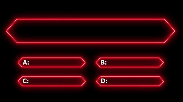 Quiz neon line animation template with multiple choice option selection and black background, interactive challenge game design.