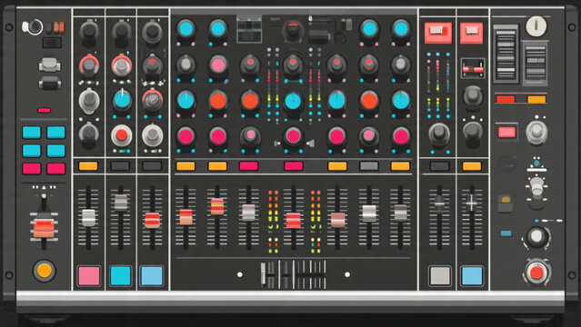 professional DJ mixer with colorful controls and knobs for music production and disc jockey performances